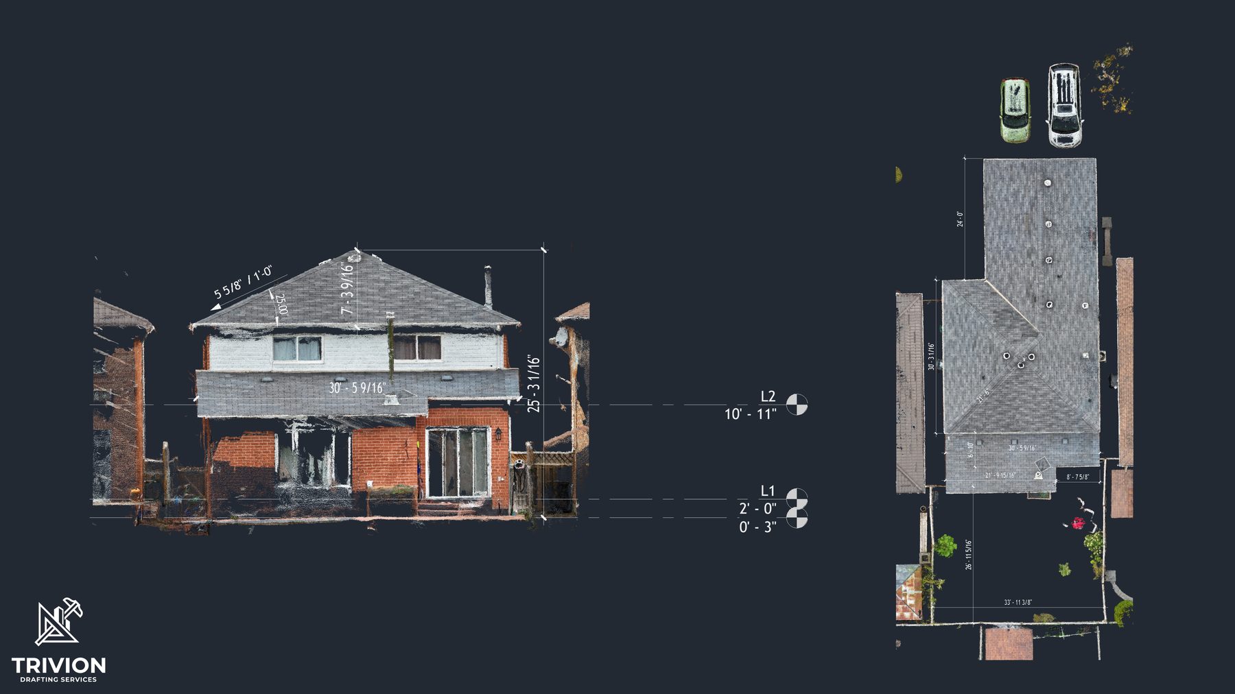 Roof elevation and roof plan point cloud measurements