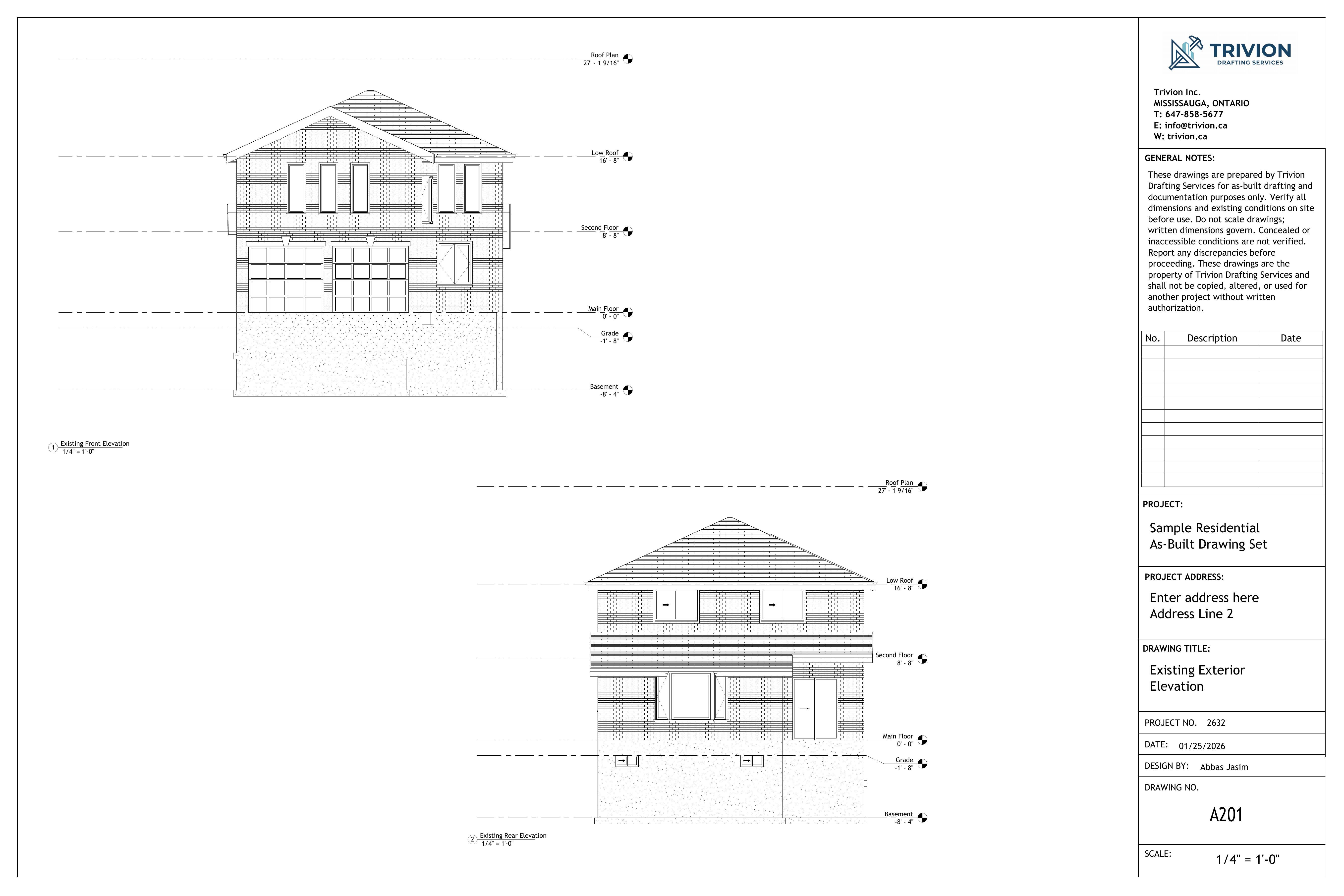 Existing front and rear exterior elevations with level markers