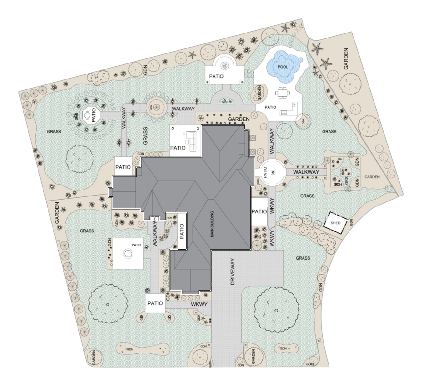 Site plan example with building footprint and exterior context